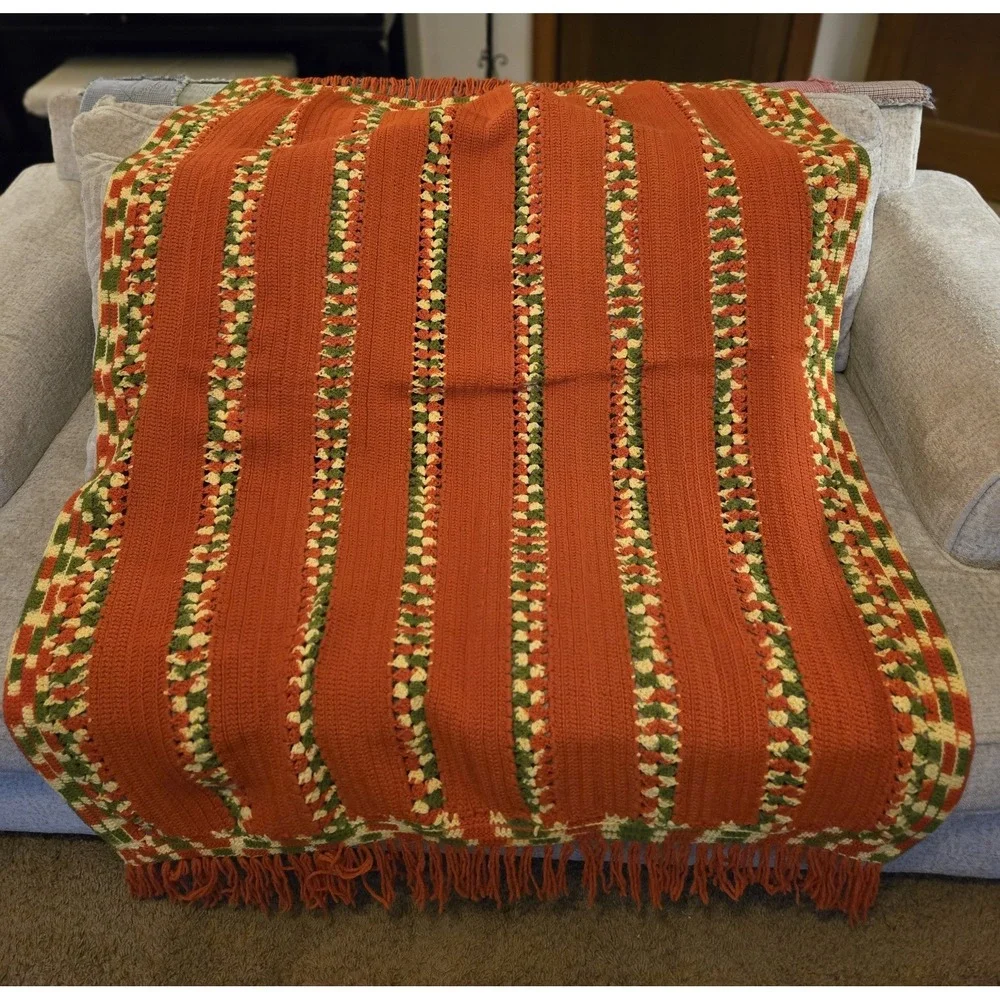 Vintage Crocheted Afghan Throw Blanket Orange Green Yellow Fringe 64x46 Handmade